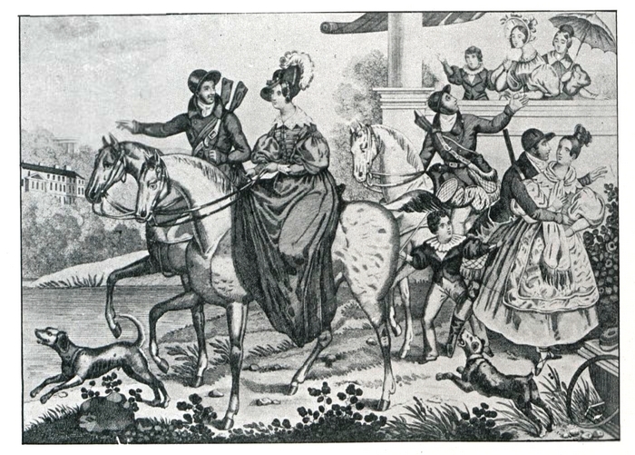 Départ pour la chasse - Début XIXe - Illustration tirée de l'ouvrage La Chasse à travers les Âges - Comte de Chabot (1898) - A. Savaète (Paris) - BnF 